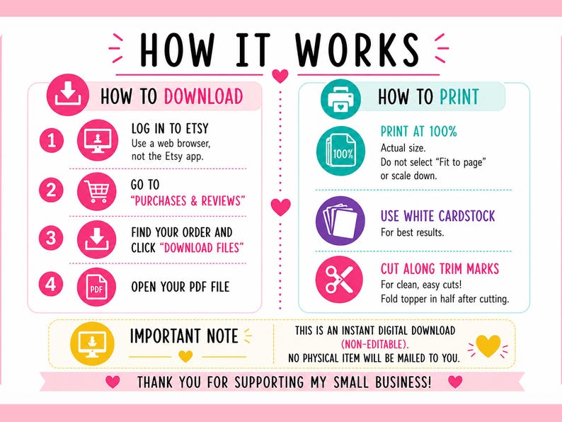 May include: Pink and white infographic titled "How It Works" with instructions for downloading and printing a digital file. Includes steps for Etsy download, printing at 100%, and using white cardstock. Text: "Thank you for supporting my small business!"
