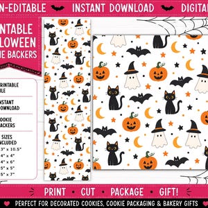 May include: A digital file for printable Halloween cookie backers featuring a repeating pattern of black cats, orange jack-o'-lanterns, white ghosts wearing black witch hats, black bats, yellow crescent moons, and small orange and black stars.