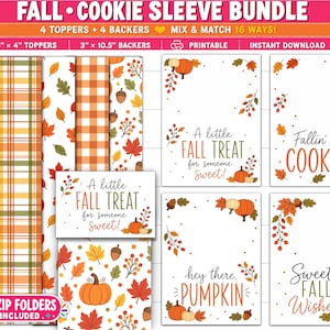 May include: A digital bundle of printable fall-themed cookie sleeve designs featuring plaid patterns and autumn motifs like pumpkins, acorns, and leaves. The set includes 3 inch by 4 inch toppers and 3 inch by 10.5 inch backers with text including A little FALL TREAT for someone SWEET!, Fallin' for COOKIES, hey there, PUMPKIN, and Sweet FALL WISHES.