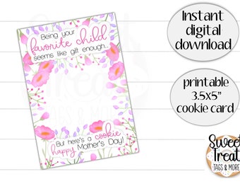 Printable Mother's Day cookie card - Happy Mothers Day -  3.5x5" - favorite floral -  mother's day cookie packaging, favor cards, treat card