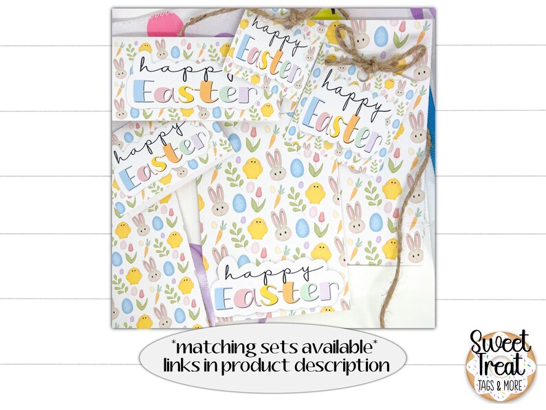 May include: A set of five colorful Happy Easter gift tags with a bunny, chick, and egg pattern. The tags are tied with twine and have a white background with pastel colors. The text "Happy Easter" is written in a handwritten font.