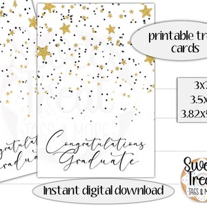 Jeu de cartes imprimables pour remise de diplôme - félicitations pour diplômé - 3 x 7, 3,5 x 7, 3,82 x 5,67 - confettis dorés - emballage de remise de diplôme