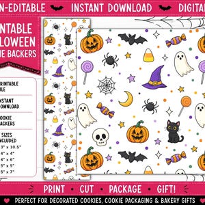 May include: A digital file featuring a repeating Halloween pattern on a white background with orange pumpkins, black cats, purple witch hats, white ghosts, skulls, bats, spiders, candy corn, lollipops, and colorful stars. Text includes PRINTABLE HALLOWEEN COOKIE BACKERS.