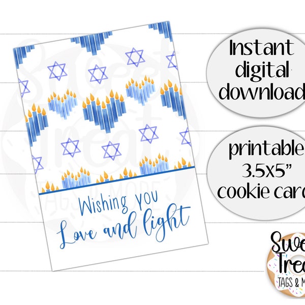 Printable Hanukkah cookie card - menorah and star of David - Wishing you love and light - 3.5x5" Hanukkah cookie card for treat packaging
