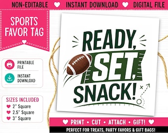 May include: A square sports favor tag featuring a brown football illustration and the text READY, SET, SNACK! in dark green and white. The design includes a dashed play diagram and is available in 2-inch, 2.5-inch, and 3-inch square sizes.