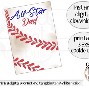 Cartão de biscoito do Dia dos Pais para impressão -3,5x5" - cartão de biscoito do pai estrela - cartão de biscoito de beisebol - cartão de esportes - embalagem de biscoito do dia dos pais