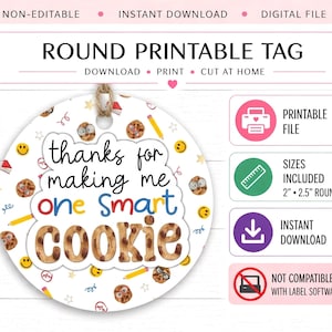 Op de afbeelding: Ronde bedrukbare tag met de tekst "thanks for making me one smart cookie". De tag heeft een koekjesontwerp en is versierd met potloden, boeken en smiley's. Inclusief maten van 5,08 cm en 6,35 cm rond.