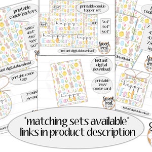 May include: Printable Easter cookie toppers and tags in a pastel color scheme with bunnies, chicks, eggs, and flowers. The designs include a round tag that says "Happy Easter", a square tag that says "Happy Easter", and a cookie topper that says "Sweet Treat".