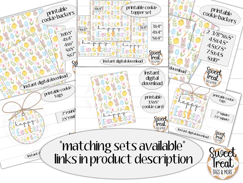 May include: Printable Easter cookie toppers and tags in a pastel color scheme with bunnies, chicks, eggs, and flowers. The designs include a round tag that says "Happy Easter", a square tag that says "Happy Easter", and a cookie topper that says "Sweet Treat".