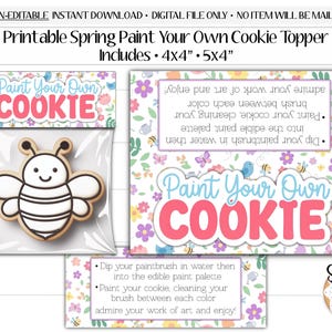 Puede incluir: Topper imprimible de galleta de primavera para pintar, incluye tamaños de 10 cm x 10 cm y 13 cm x 10 cm. La imagen muestra una galleta con forma de abeja en una bolsa transparente e instrucciones con diseños florales y de mariposas.