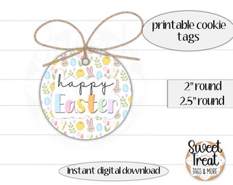 Printable Easter cookie tag set - round cookie tags 2" - 2.5" - Happy Easter - bunny - chick-Easter gift tags for cookie packaging or treats