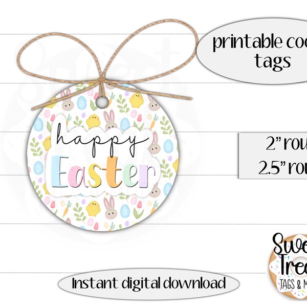 Printable Easter cookie tag set - round cookie tags 2" - 2.5" - Happy Easter - bunny - chick-Easter gift tags for cookie packaging or treats