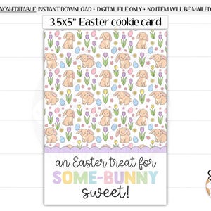 May include: A 3.5x5 inch Easter cookie card with a repeating pattern of bunnies, eggs, and flowers. The card has the text "an Easter treat for SOME-BUNNY sweet!" in pastel colors. The card is a digital file.