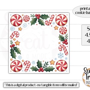 Puede incluir: Diseño cuadrado de respaldo de galletas navideñas con un borde de caramelos de menta roja y blanca, bastones de caramelo, acebo, copos de nieve y estrellas. Las dimensiones son 12,7 cm x 11,4 cm x 10,2 cm. Texto: "Este es un producto digital: no se enviará ningún artículo físico."