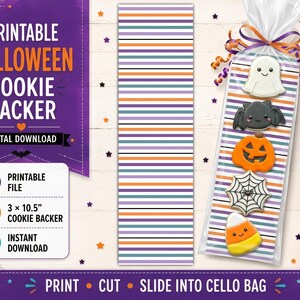 May include: A printable Halloween cookie backer digital download featuring a vertical striped pattern in purple, orange, white, and black. The set includes a 7.62 by 26.67 cm rectangular card designed to be placed inside a clear cellophane bag.