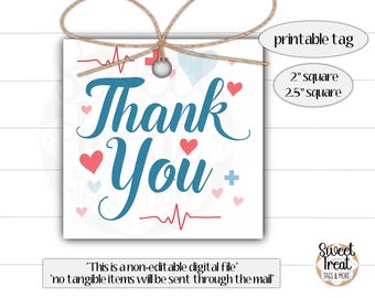 May include: Printable thank you tag with a blue and red heart design and a red heartbeat graphic. The tag is 2 inches square or 2.5 inches square.