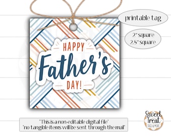 May include: A square Father's Day printable tag with a blue, orange, and white plaid pattern. The tag features the words "Happy Father's Day!" in a white cloud-shaped design. The tag is 2 inches square and 2.5 inches square.
