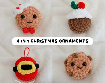 May include: Four handmade crochet Christmas ornaments. The ornaments include a gingerbread man, a Christmas pudding, a Santa belt, and a chocolate chip cookie. The text "4 IN 1 CHRISTMAS ORNAMENTS" and "PDF PATTERN ONLY" are also visible.
