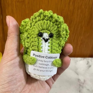 cavolo all'uncinetto positivo con etichetta, arredamento da scrivania, regalo di supporto emotivo, abbraccio tascabile, amico dei momenti difficili, aggiungi un giocattolo, amico che rallegra il regalo