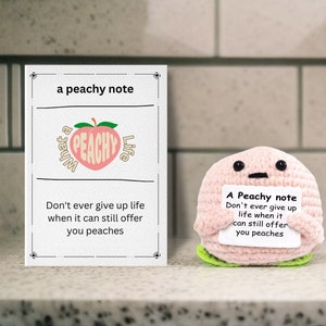 Handgemaakte gehaakte perzik pluche, opbeurend cadeau met motiverende kaart, grappig bureaudecor, Peachy Life Reminder, aanmoedigingscadeau voor hem/haar