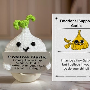 May include: A white crocheted garlic with a green stem holding a sign that says "Positive Garlic I may be a tiny Garlic, but I believe in you! Go do your thing!!"  The sign is next to a card that says "Emotional Support Garlic" and has a cartoon drawing of a garlic with a face and glasses.