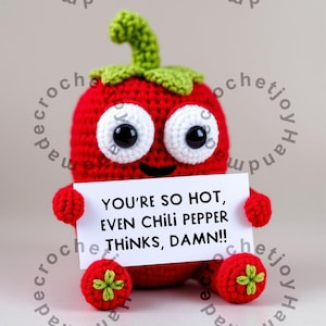 Pimenta de crochê feita à mão - Decoração divertida para mesa de trabalho para amantes de molho picante - Presente apimentado com cartão fofo - Decoração para cozinha e escritório - Presente exclusivo
