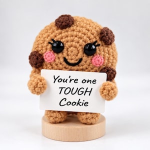Peut inclure: Une figurine de biscuit crochetée couleur beige avec des taches marron foncé, des yeux en plastique noir et des joues roses brodées. Elle tient un panneau rectangulaire blanc avec le texte noir "You're one TOUGH Cookie" sur un socle en bois.
