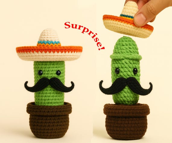 A handmade crochet penis cactus wearing a tiny sombrero and mustache — absurd, commitment-to-the-bit craftsmanship that makes it a genuinely memorable gag gift.