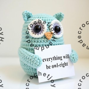 May include: A crocheted teal owl holding a white card with the text "everything will be owl-right".