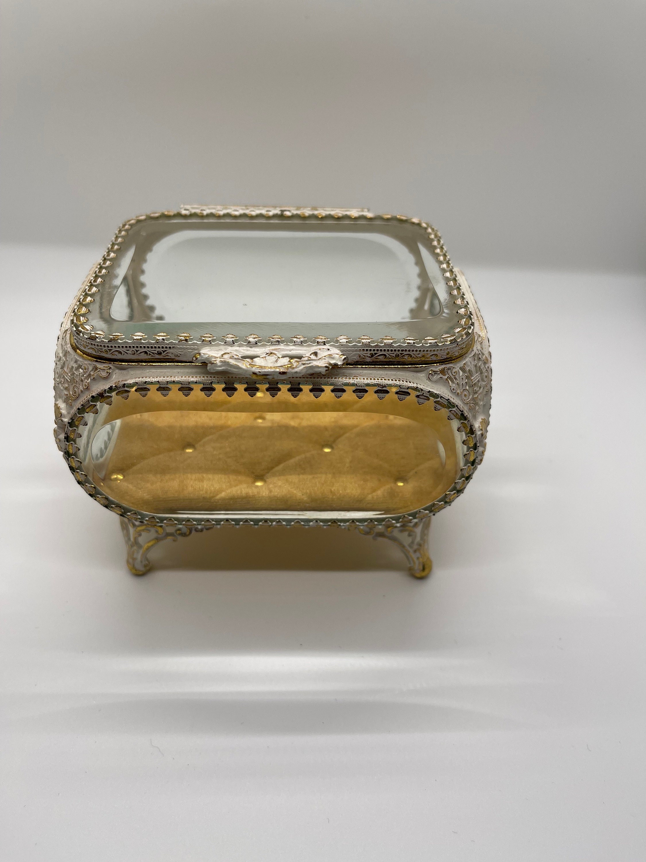 RARE Mid-century 24k Gold Plated Beveled Glass Jewelry/trinket Box