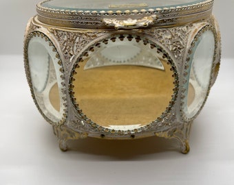 RARE Mid-century 24k Gold Plated Beveled Glass Jewelry/trinket Box