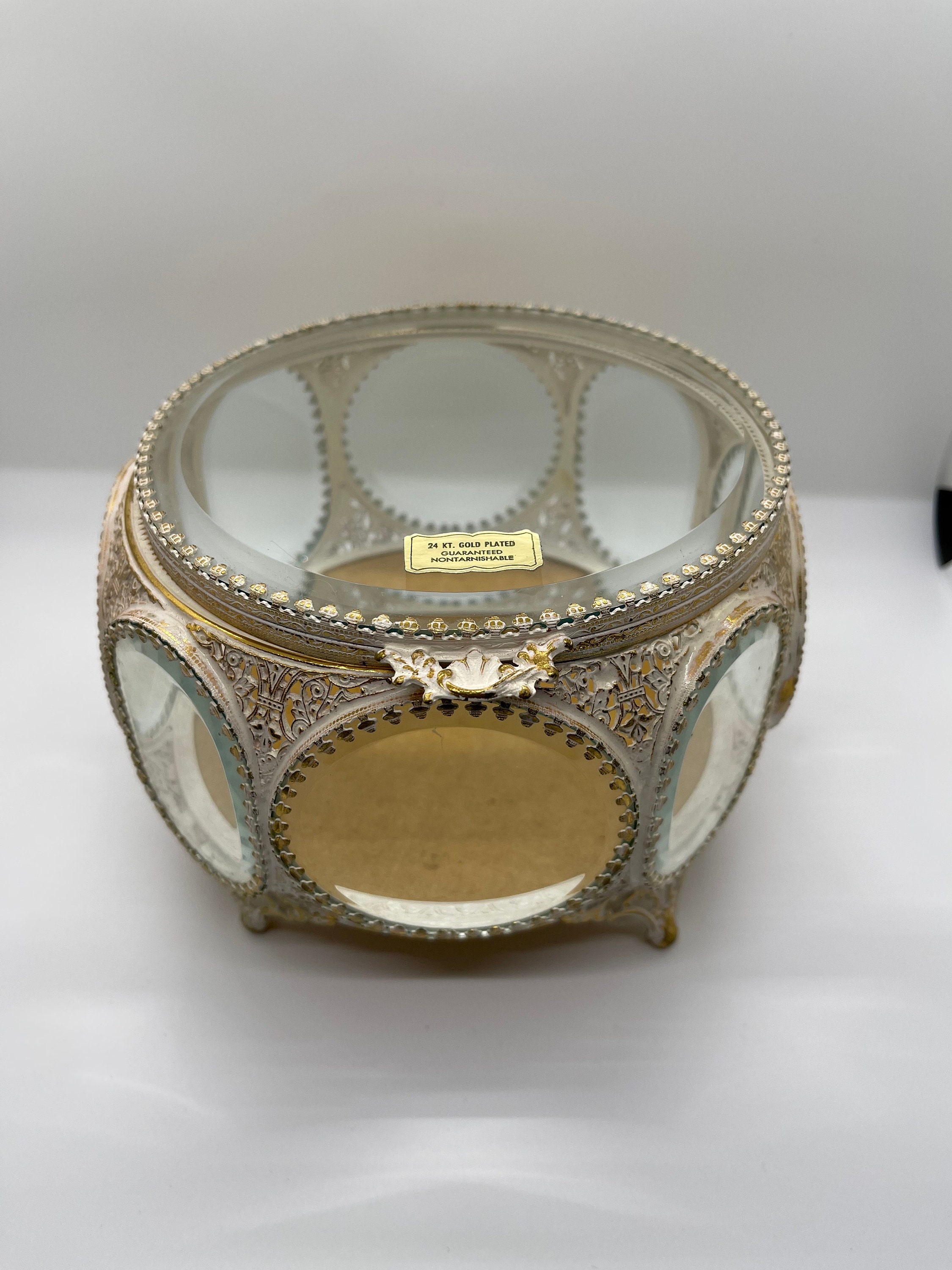 ヴィンテージ 24KT GOLD PLATED ガラスジュエリーボックス RARE Mid-century 24k Gold Plated Beveled Glass Jewelry/trinket Box