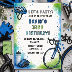 Editable Cycling Theme Birthday Party Invitation Template, Printable Customizable Adult Party Invitation, Canva Instant Download