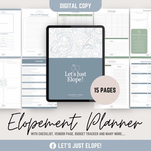 May include: A digital printable elopement planner with 15 pages. The cover features a blue and white topographic map design with the text "Let's Just Elope!" and "Elopement Planner".