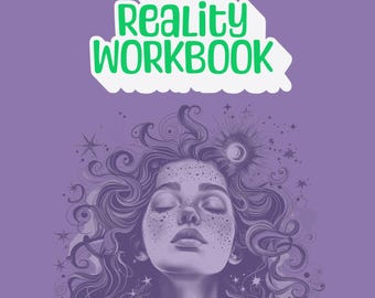 Op de afbeelding: Een paarse werkboekomslag met de tekst "Making Dreams into Reality Workbook" in het groen. De omslag toont een illustratie van een vrouw met krullend haar, gesloten ogen en sproeten, omringd door sterren en een halve maan.