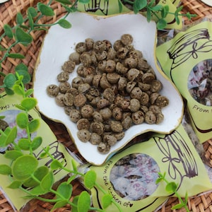 May include: A white bowl filled with small, round, dark green and brown treats. The bowl is on a woven wicker surface with green leafy plants and small bags with the text "From the kitchen of" printed on them.