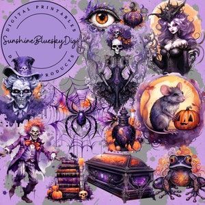 87 prachtige paarse en oranje Halloween-clipart, 70 png-bestanden van hoge kwaliteit plus 17 bonus, paars en oranje en allerlei spookachtige dingen