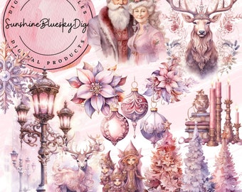 May include: A digital clipart set featuring a variety of Christmas-themed illustrations, including Santa Claus and Mrs. Claus, a reindeer, a pair of ornate street lamps, a Christmas tree, and a collection of ornaments. The illustrations are painted in a watercolour style with a pink and purple colour scheme.