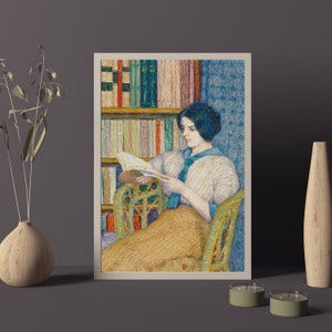 Light Academia Style Framed Print | Woman Reading Next to Colorful Bookcase | Framed poster