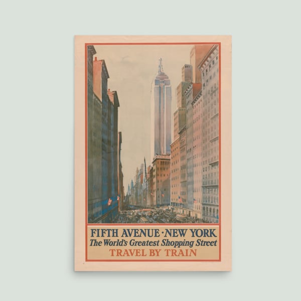 Fifth Avenue New York City - Vintage Travel Poster - Beige with Yellow & Red - Retro Poster Art in 12x18 or 24x36