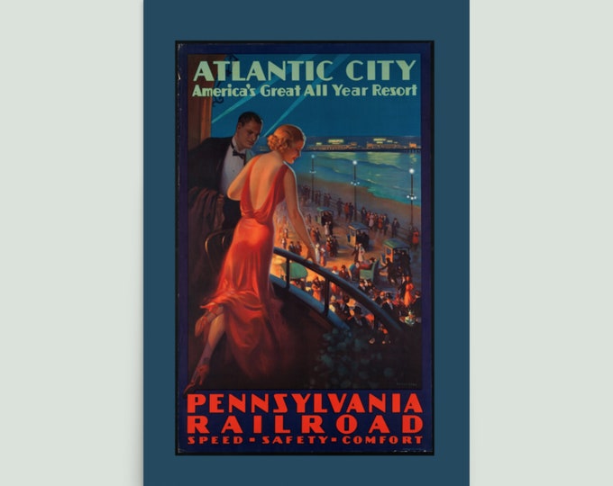 Featured listing image: Atlantic City Casino Vintage Travel Poster - Pennsylvania Railroad Retro Art Deco - Vibrant Red, Blue, Black - 12x18 or 24x36