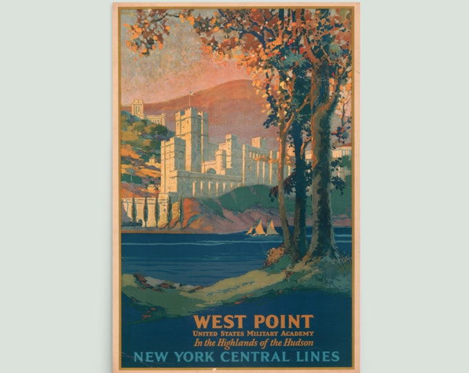 Featured listing image: West Point Autumn Glory Vintage Railroad Poster - Art Deco Print - Warm Blue, Green, Yellow, Orange - 12x18 or 24x36