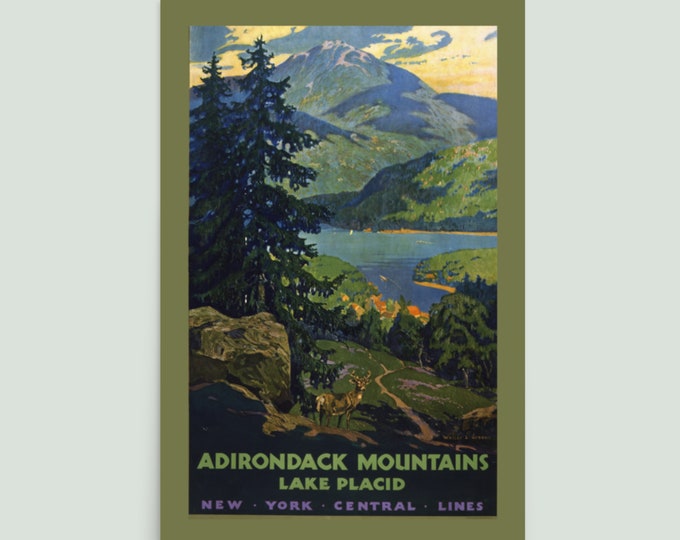 Featured listing image: Lake Placid Adirondacks Vintage Travel Poster - New York Central Lines Railroad - Green & Blue Landscape Art - 12x18 or 24x36