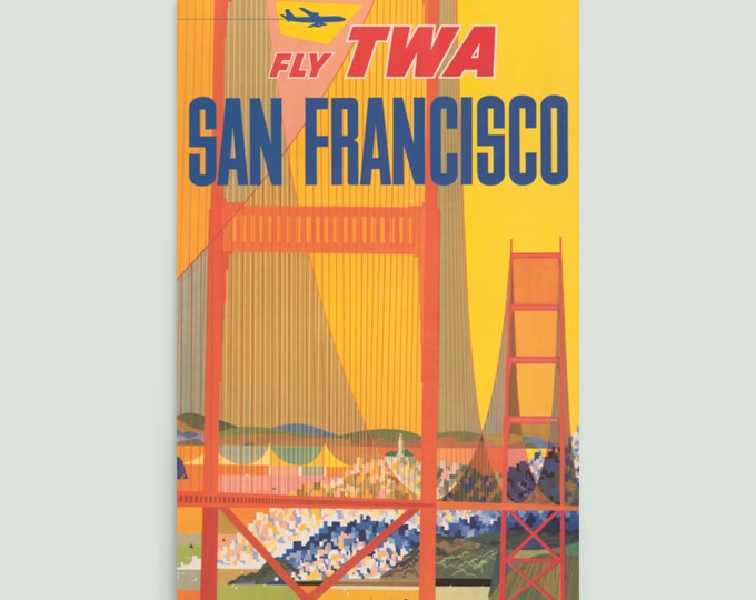 Featured listing image: Fly TWA to San Francisco Vintage Travel Poster Art - Golden Gate Bridge Art Deco Print - Vibrant Yellow, Red, Orange - 12x18 or 24x36
