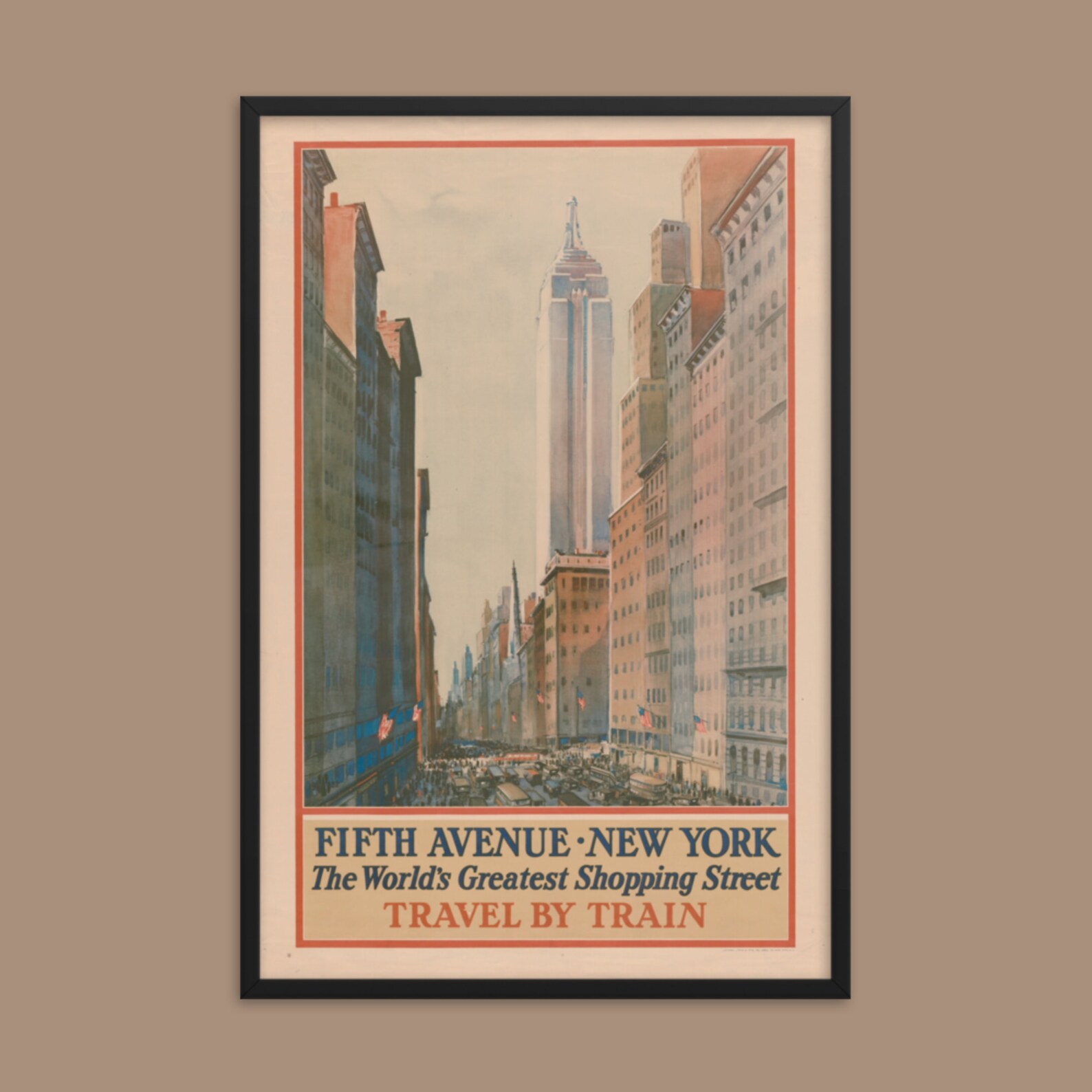 Vintage Travel Poster Framed New York City Fifth Avenue Travel by Train