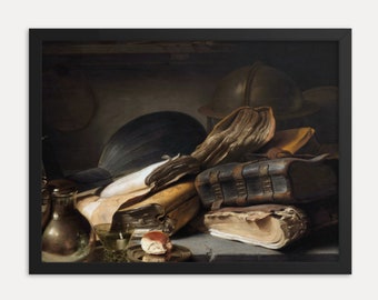 Dark Academia Aesthetic | Framed Print | Classical Scholar's Desk with Musical Instrument and Leather Bound Books