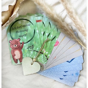 15 DIN A6 Affirmationskarten, Motivationskarten, Mutmachkarten, Starkmachkarten für Kinder mit Holzaufsteller / Holzständer