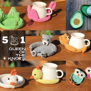 5in1 Coaster Crochet Patterns: Bear Cat Duck Owl and Avocado Designs Fun Easy and Beginner Friendly for an Elegant Touch to Your Home Decor