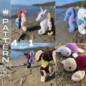 Crochet Patterns Bundle: Sea Turtle, Seahorse, Seahorse-Shaped Unicorn, and Seahorse-Shaped Elephant - 4-in-1 DIY Amigurumi Set