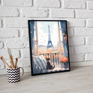 May include: A framed print of a cat sitting on a windowsill looking out at the Eiffel Tower in Paris. The window is open and there are flowers on the sill. The cat is black and white and the print is in a black frame.